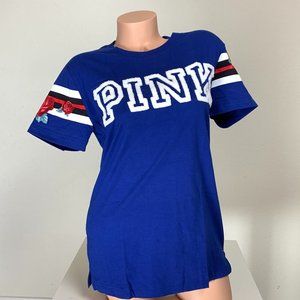 Victoria Secret PINK Blue Sherpa Logo Embroidery Roses Stripes Tee Shirt XS